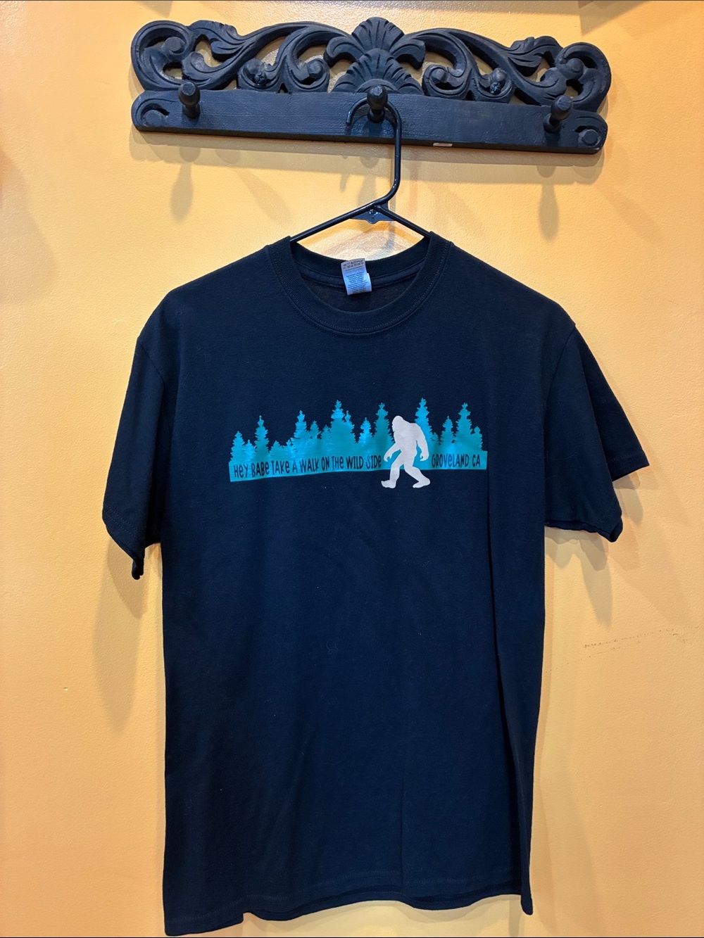 Gildan Black Tee with Teal Forest & White Sasquatch Graphic